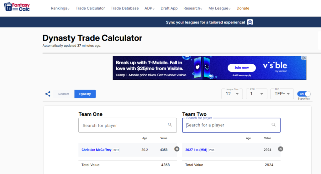 FantasyCalc dynasty trade calculator's completed trade data